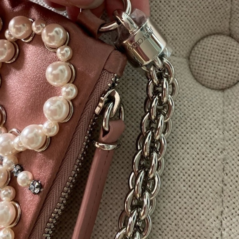 JIMMY CHOO Callie Blush Satin Clutch with Circle Pearl Embroidery Embellishments - Picture 9 of 16